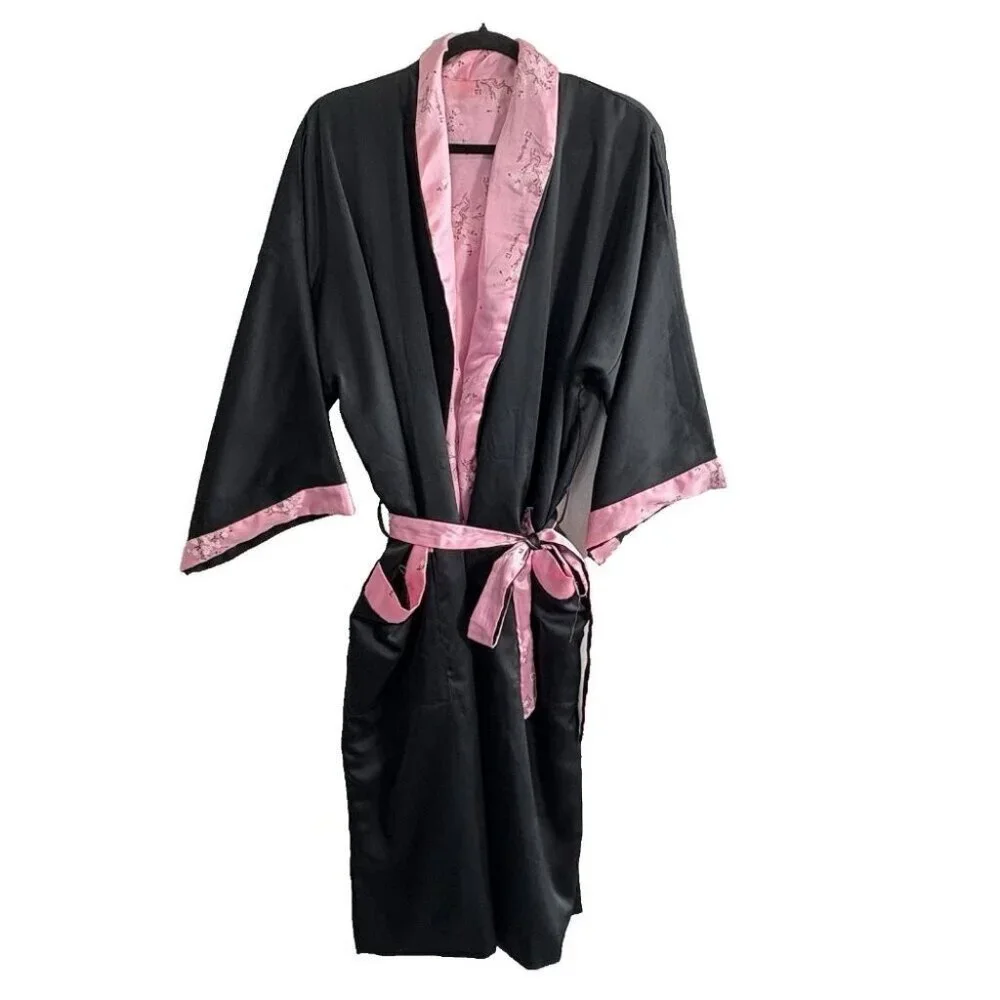 JAPANESE Women Reversible Embroidered Dragon Kimono Robe One SZ Black‎ Pink 65-3